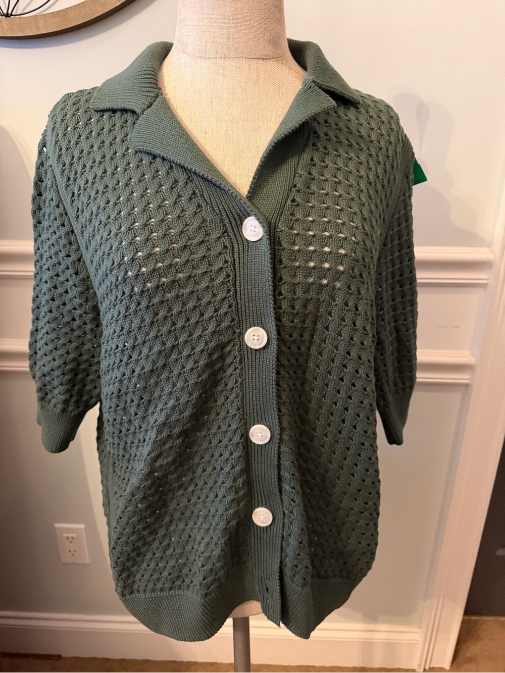 Varley Open-Knit Button Cardigan Sweater - Olive Green